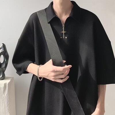 2026夏季华夫格POLO衫男宽松休闲翻领上衣美式潮牌半拉链短袖t恤