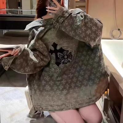 复古做旧男款春秋季水洗夹克十字架烫钻宽松提花牛仔外套男女款潮