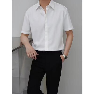 冰丝短袖纯色衬衫男士夏季黑色高级感白色痞帅半袖衬衣休闲dk宽松