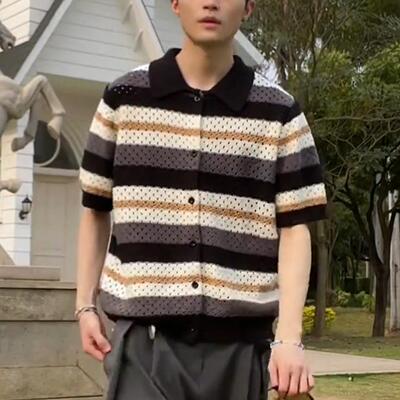 2025夏季新款撞色条纹针织镂空翻领短袖开衫潮牌轻奢男士上衣