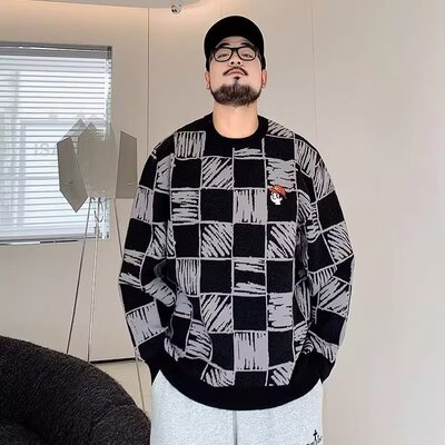 秋冬大码棋盘格圆领毛衣男装潮牌胖子加肥加大宽松百搭保暖针织衫