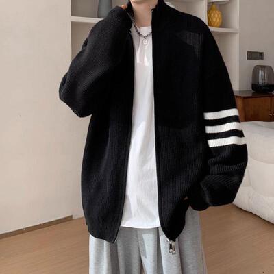 双拉链立领开衫毛衣男秋冬慵懒高级感轻熟风外套宽松三条杠针织衫