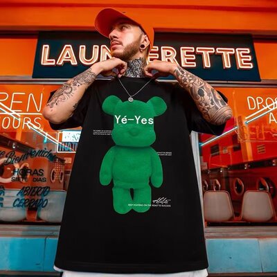 国潮复古潮流港风夏季印花短袖T恤大码宽松休闲嘻哈半袖上衣