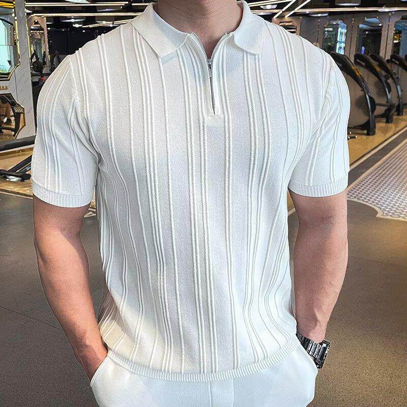 欧美半拉链翻领工装polo衫男丝光棉冰丝短袖卫衣健身运动紧袖t恤