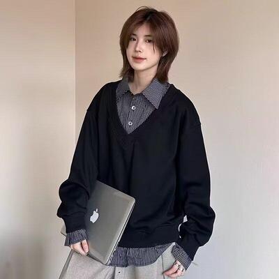 高智感条纹假两件POLO领卫衣男春季宽松撞色情侣休闲上衣