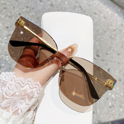 少女系渐变茶色太阳镜片无边框墨镜街拍防晒显白外贸跨境太阳眼镜