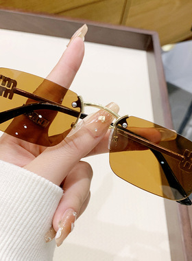 跨境新款太阳镜女防紫外线MIU小方形无框切边金属墨镜ins网红同款