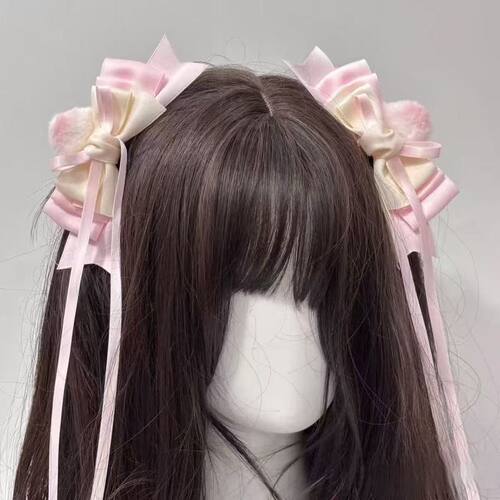 可爱猫耳蝴蝶结飘带发夹甜美少女芭蕾风发饰Lolita刘海侧边夹头饰