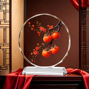 柿子水晶画摆件好事成双家居装饰品客厅新房送礼开业入宅乔迁礼品