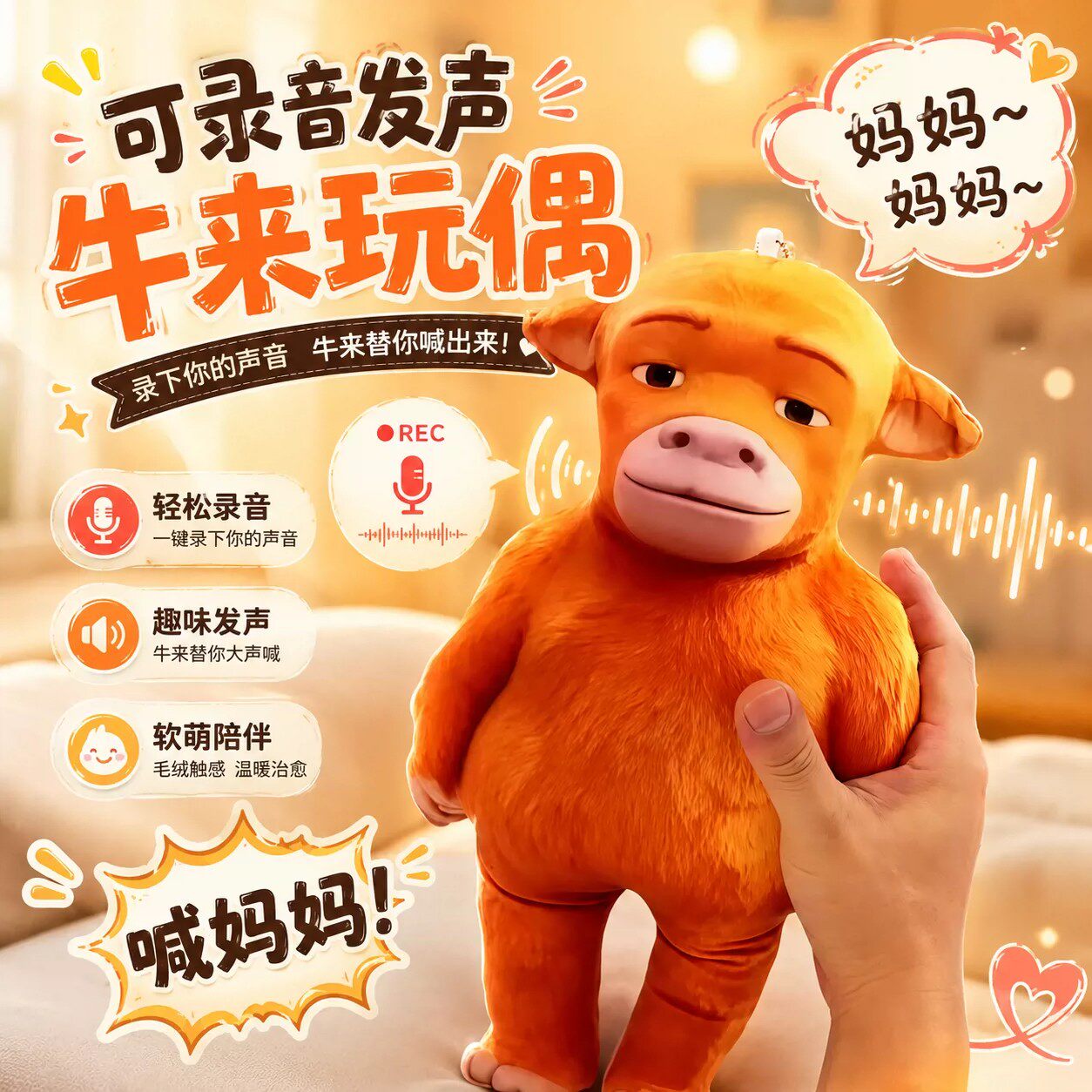 【妈妈！】可录音发声牛来玩偶电影周边豹拉毛绒公仔丑萌娃娃挂件