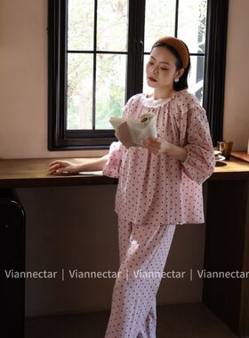 维安花密女士莓粉气泡纯棉长袖长裤家居服睡衣2603