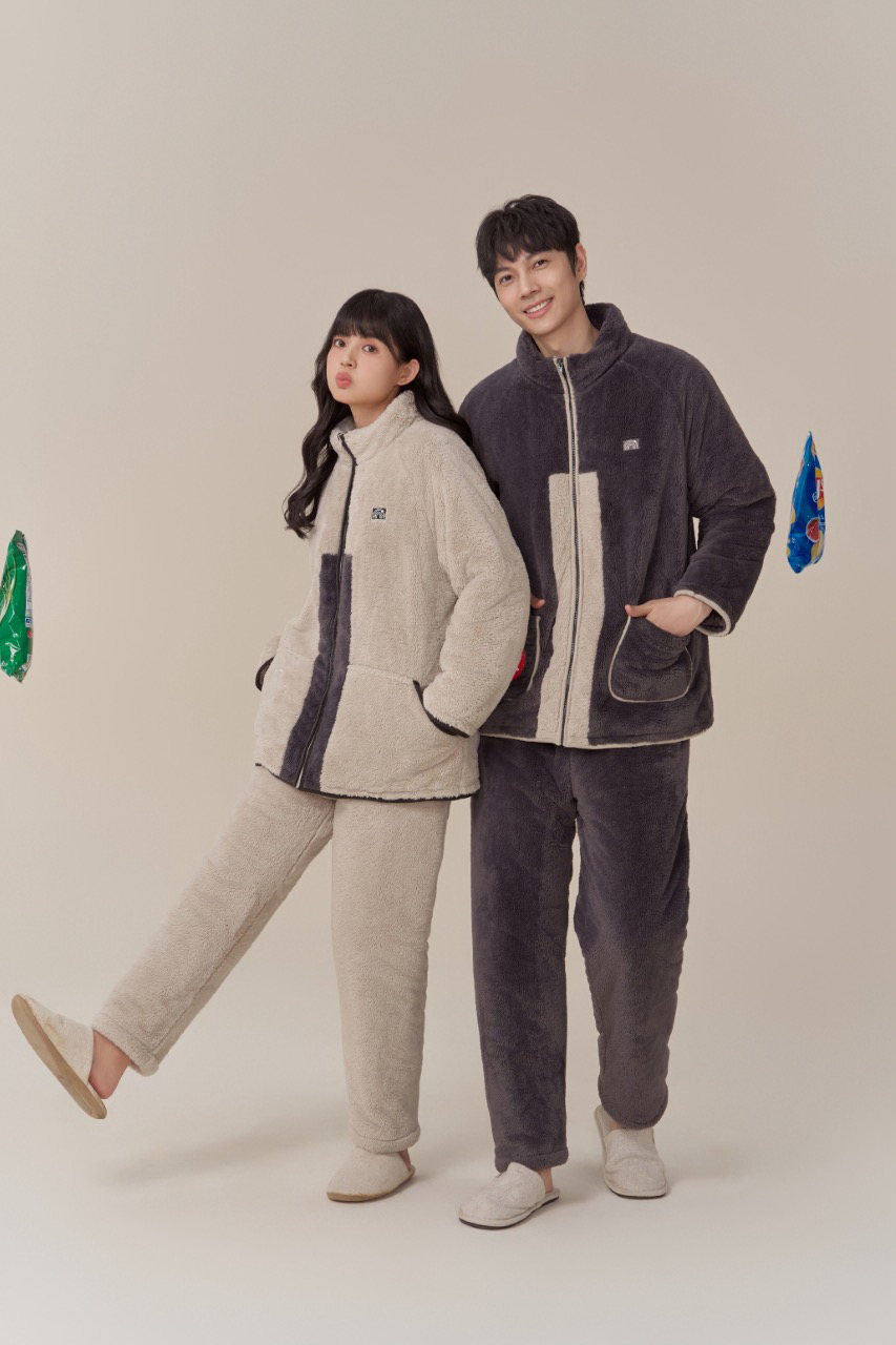 简诗哲雪花绒披针织单面夹棉保暖立领男套装休闲家居服ZIO1716