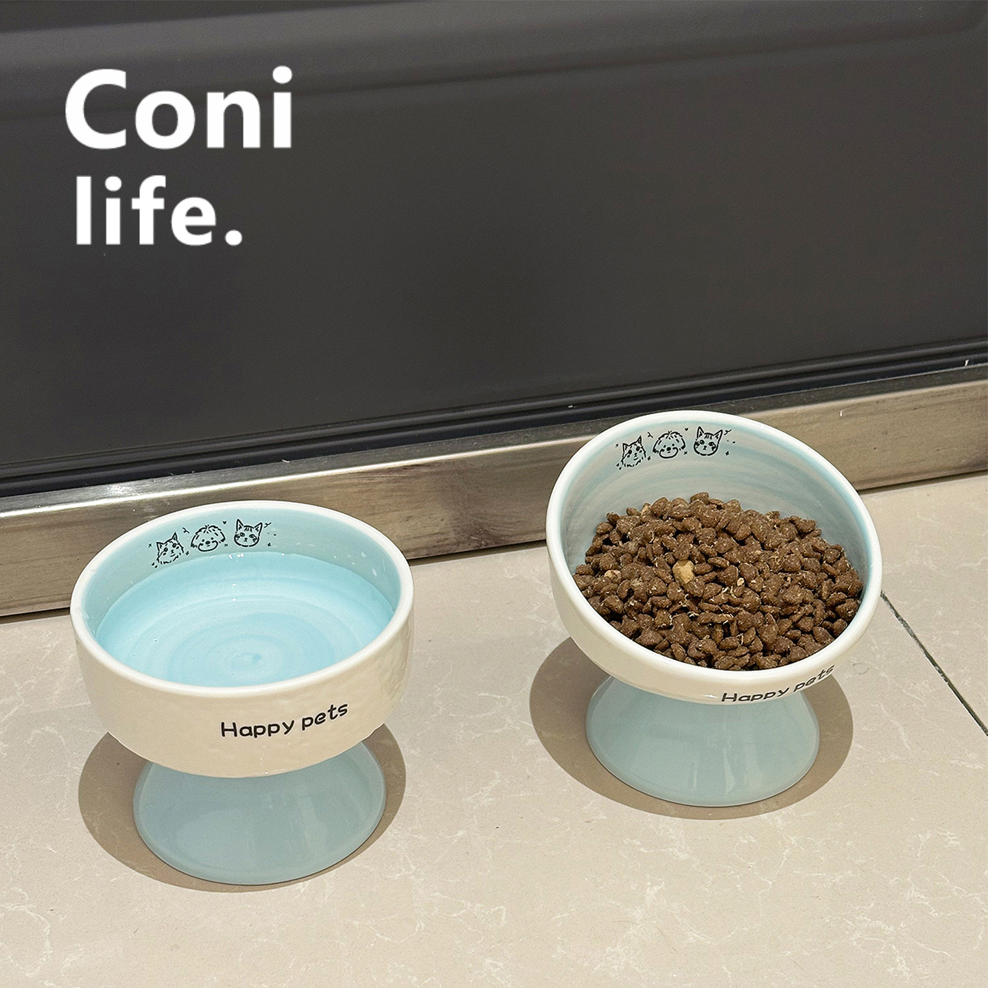 Coni life猫碗陶瓷猫食盆增高斜口护颈防黑下巴狗碗狗盆水碗粮碗