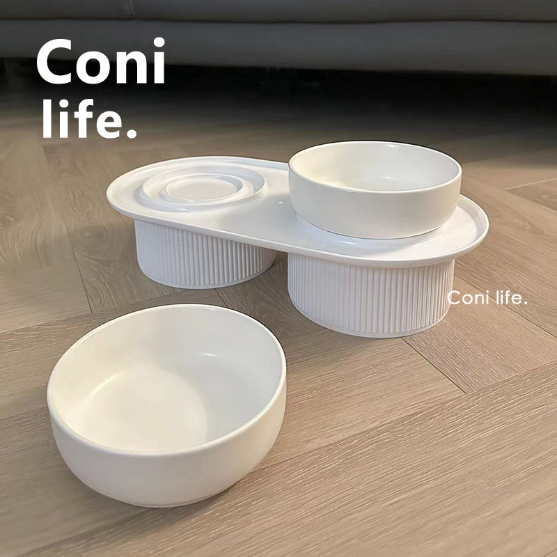 Coni life猫碗陶瓷白色双碗高脚护颈猫盆防滑防打翻狗碗宠物用品