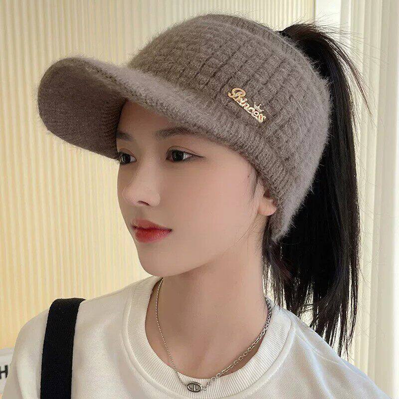 帽子女冬季大帽檐显脸小加绒加厚保暖针织鸭舌帽扎马尾跑步空顶帽