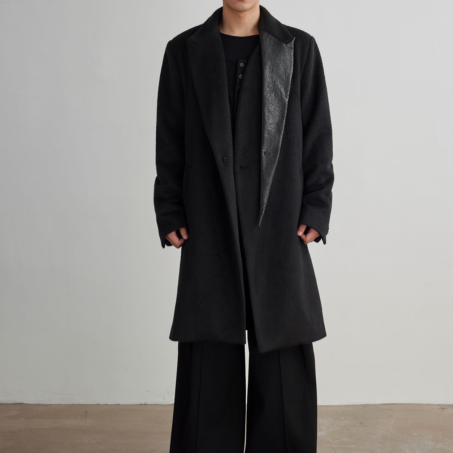 Dzic98羊毛解构拼皮毛呢大衣