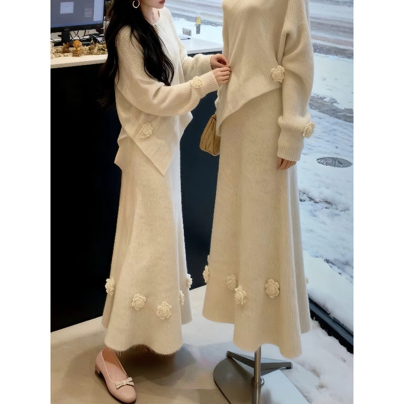 韩系秋冬纯色温柔风穿搭不规则设计感针织衫毛衣女长裙子2件套