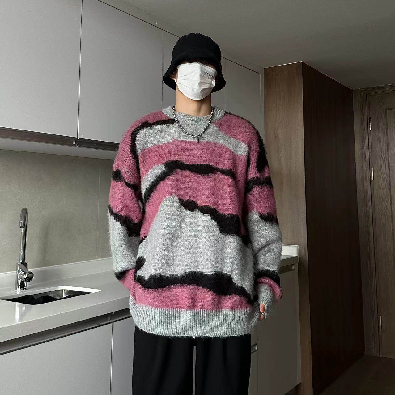 SC秋冬日系撞色休闲百搭情侣宽松慵懒风上衣圆领毛衣GK-8831