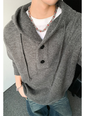 阿叔冬季新款连帽简约百搭慵懒风套头毛衣022-25823