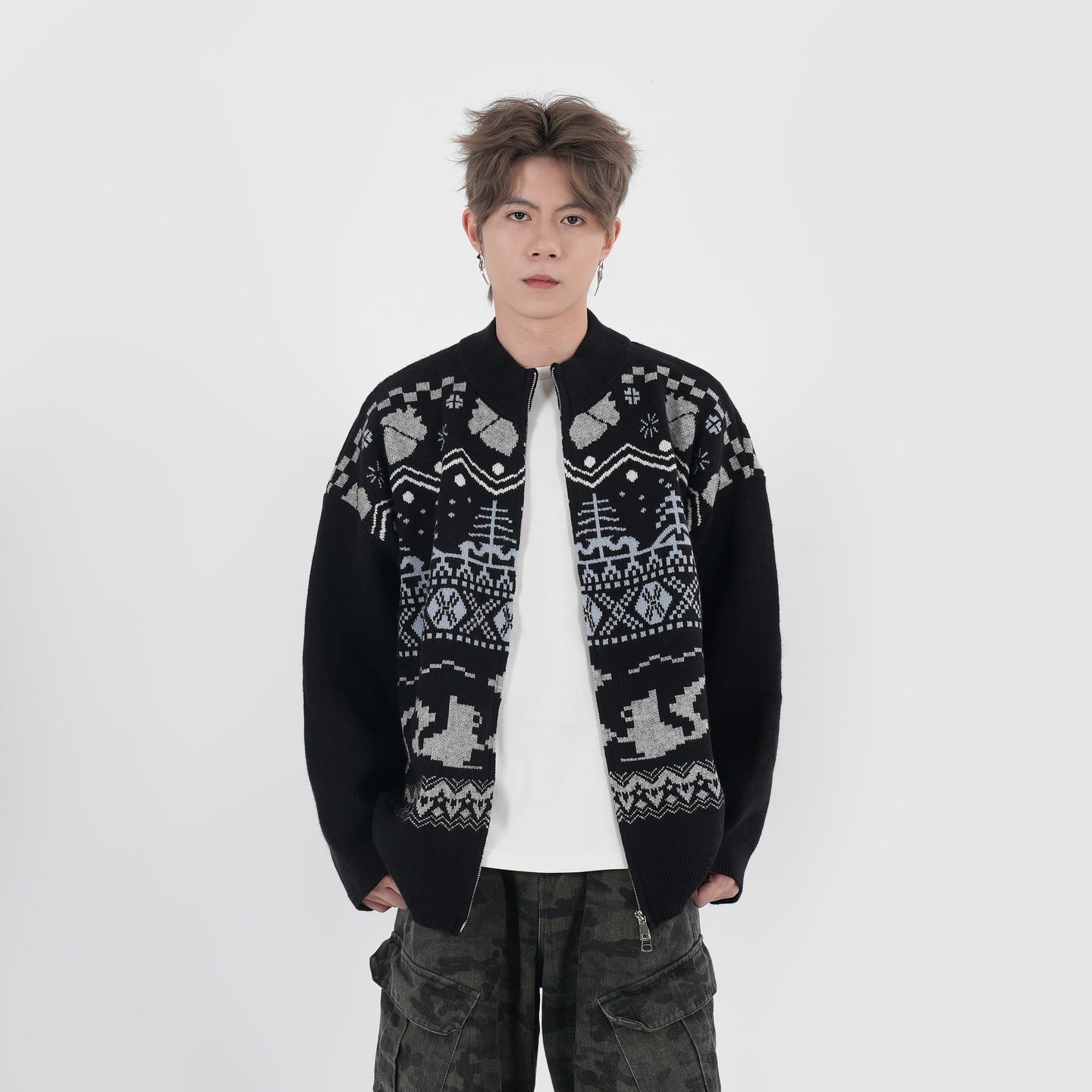 SC秋冬美式复古针织衫慵懒撞色绣花百搭拉链开衫毛衣外套GK-3316