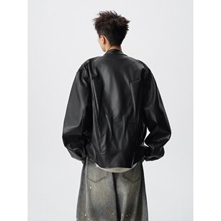 阿叔春秋美式重工立体浮雕机车服皮衣百搭高街短板夹克外套AG-006