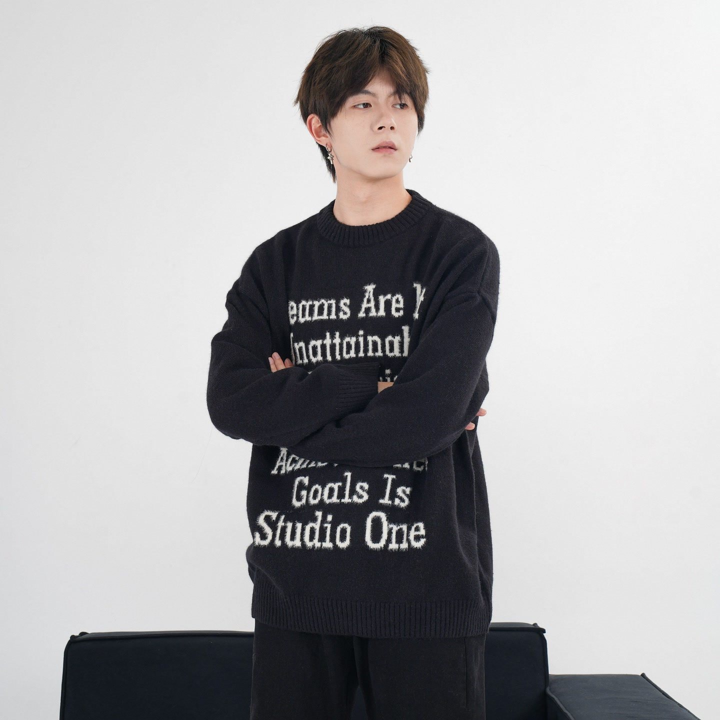 阿叔秋冬美式复古字母绣花针织衫百搭休闲宽松圆领毛衣GK-3059