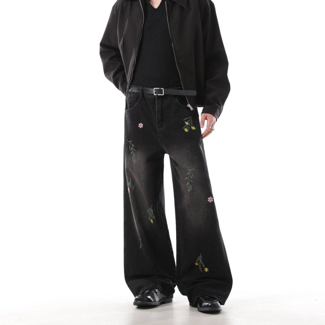 【GD系列】春秋美式花朵刺绣百搭宽松高街直筒情侣牛仔裤PC-044