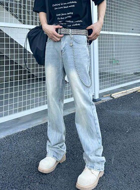 SC春秋美式水洗做旧擦白纹理长裤直筒百搭微喇牛仔裤ASH-60029