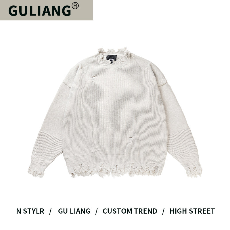 thumbnail for GU LIANG "Designer Brand" Good Things Selection American Heavy Destruction Raw Edge Couple Knitted Sweater