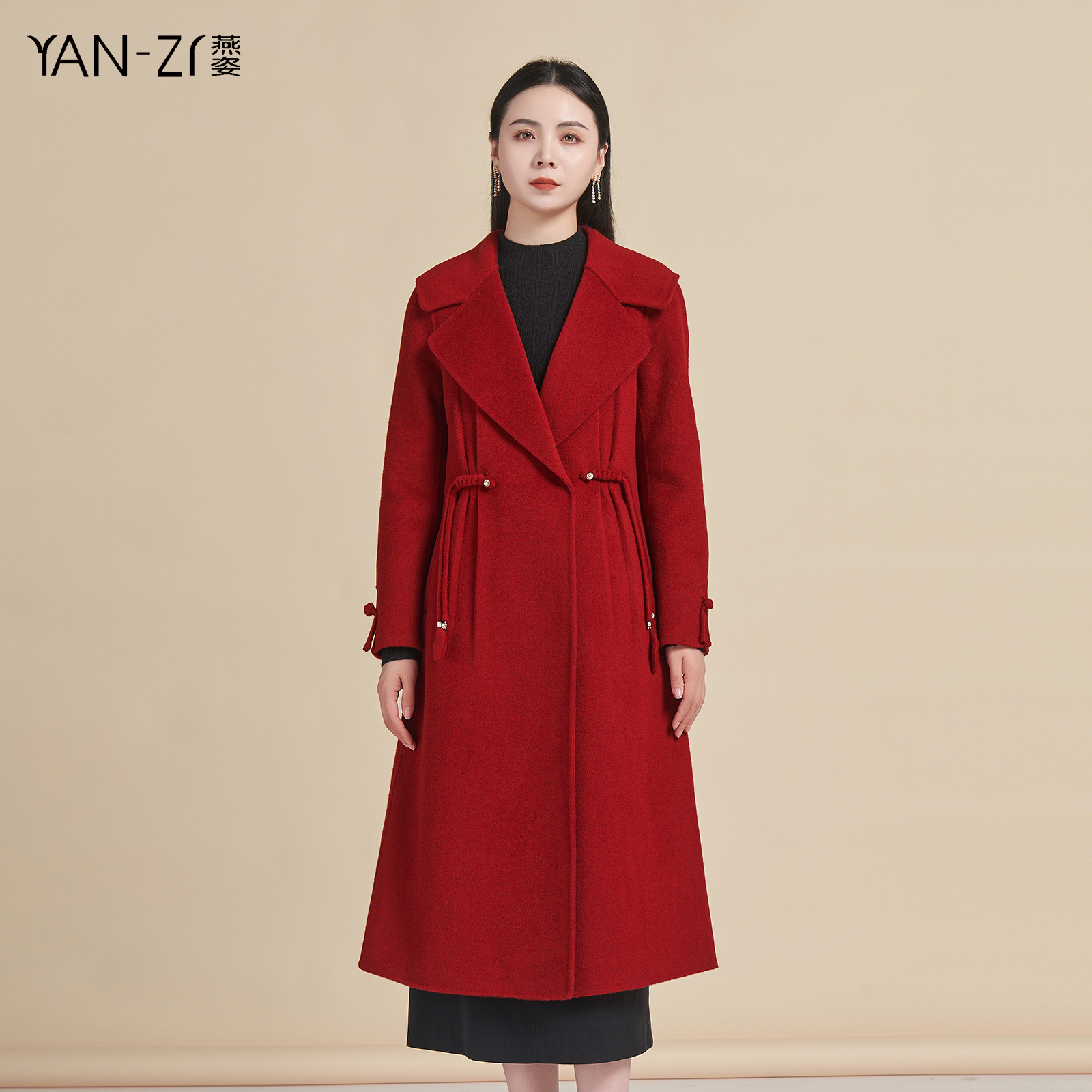 红色双面呢收腰羊毛大衣