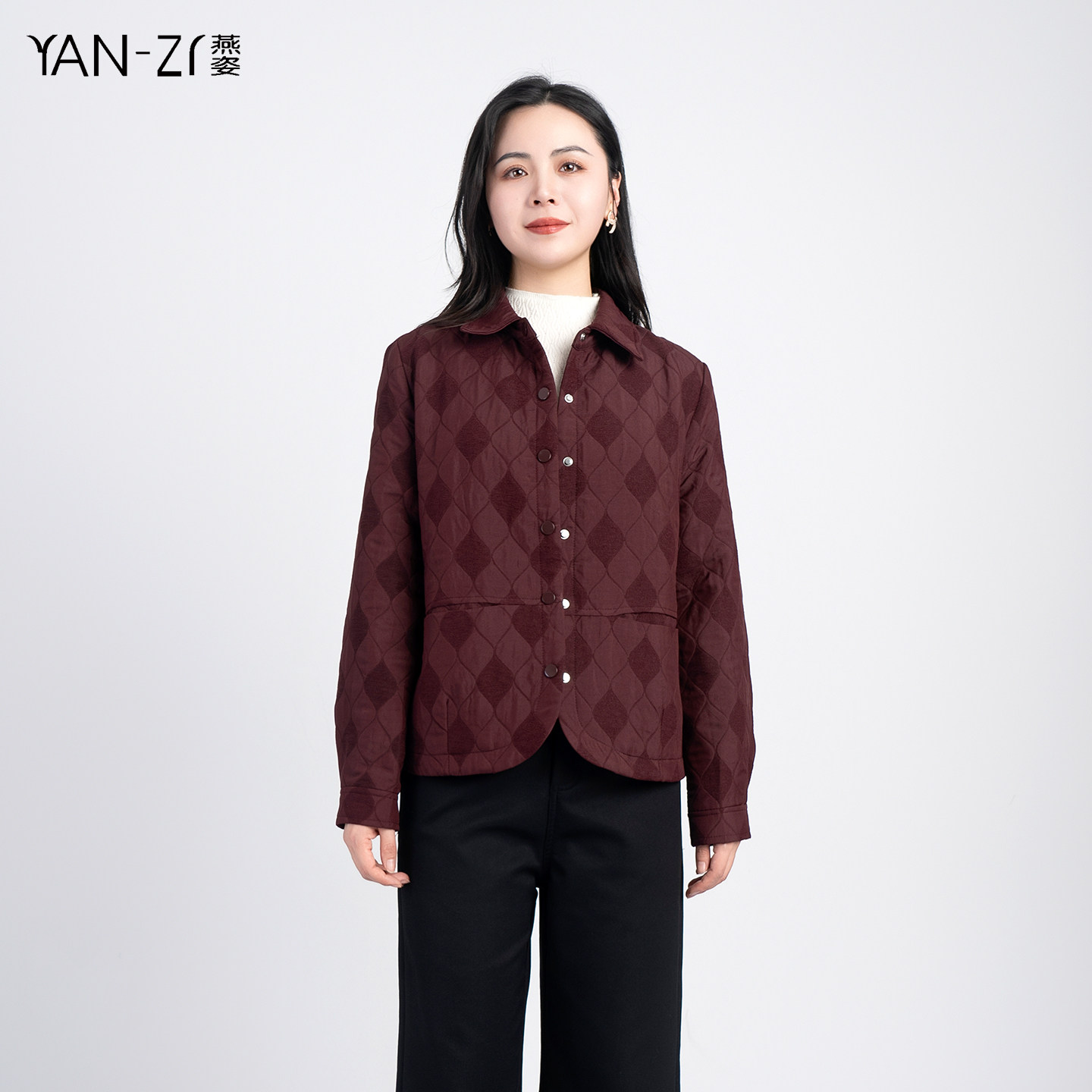 燕姿服饰春季新款气质休闲菱格衬衫领夹棉长袖外套女商场同款