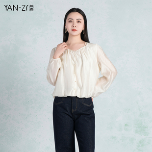 燕菲妮2025夏季新款长袖镂空领宽松显瘦法式光泽感上衣女商场同款