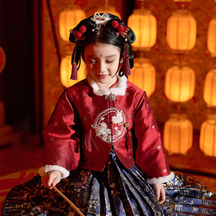 新年女童拜年服加绒汉服马面裙红色喜庆夹棉女宝中国风国潮女宝