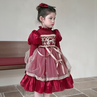新年战袍女童红色洛丽塔公主裙秋冬连衣裙圣诞元旦礼服高端拜年服
