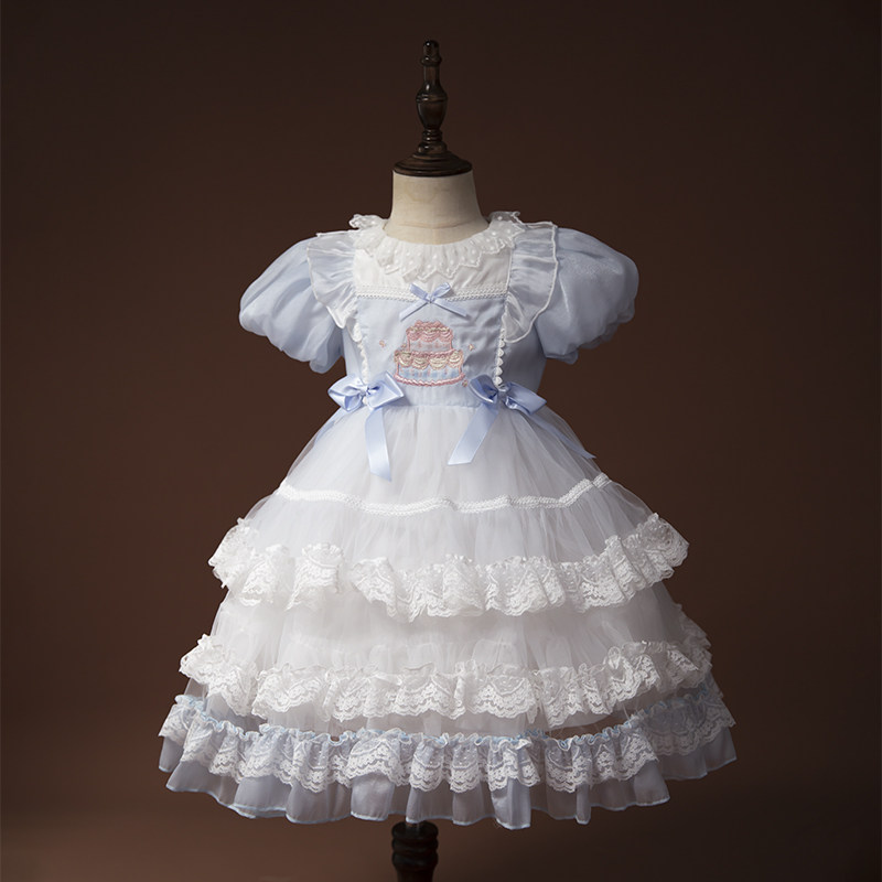 女童夏季新款公主风洛丽塔连衣裙女宝高级蛋糕裙蓝色蕾丝洋气裙子