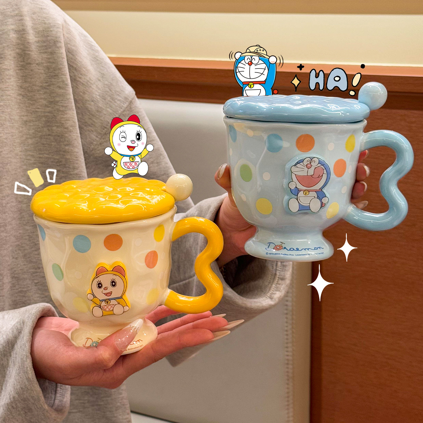 哆啦A梦联名杯子陶瓷马克杯家用卡通带盖喝水杯可爱办公室早餐杯