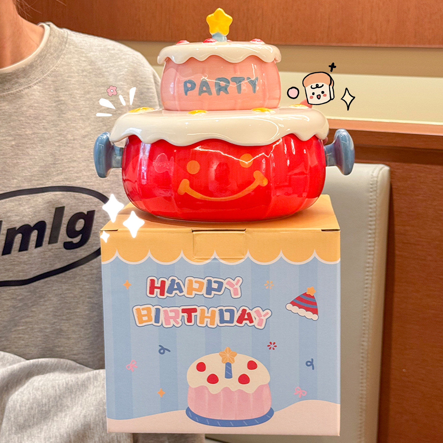蛋糕造型陶瓷碗可爱双耳泡面碗家用螺丝粉碗一人食泡面碗生日礼物