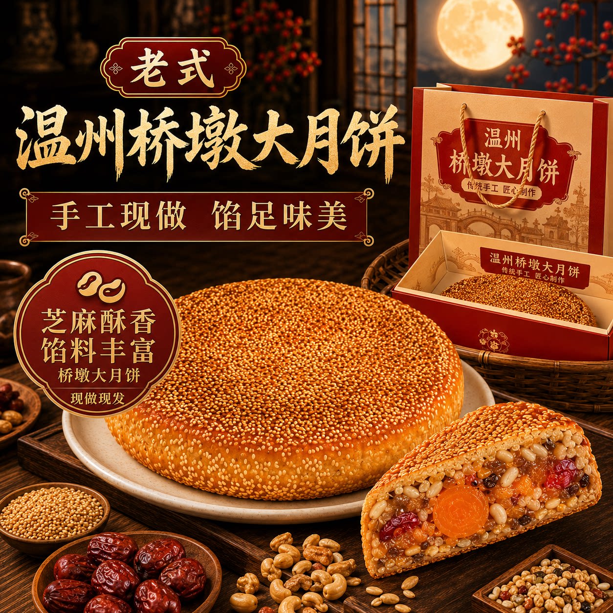 【现做现发】正宗温州桥墩月饼大月饼特产蛋黄老式手工芝麻月饼