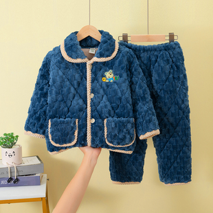 冬天儿童三层夹棉睡衣套装珊瑚加绒加厚男童女童法兰绒宝宝家居服