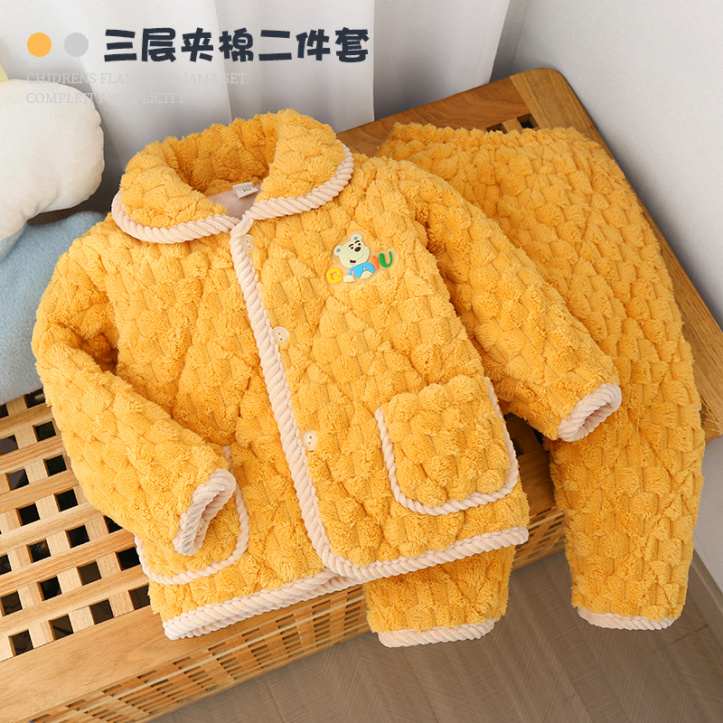 儿童法兰绒睡衣三层夹棉厚款