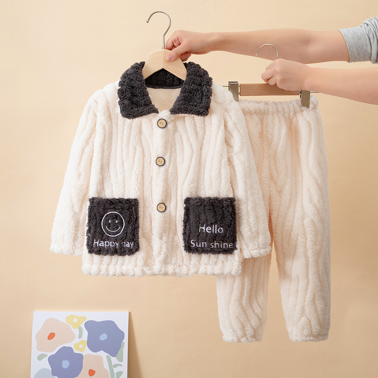 冬季儿童法兰绒睡衣加绒加厚珊瑚绒男童男孩中大童亲子居家服套装