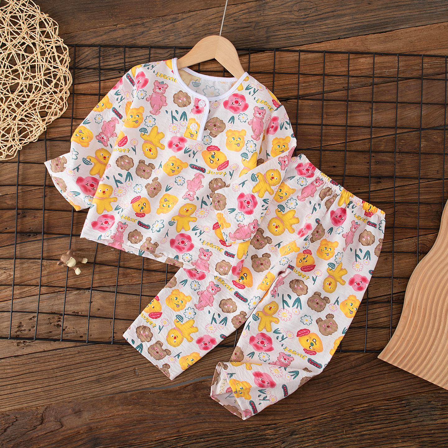 夏季儿童云朵棉冰丝棉绸睡衣男童女童男孩女孩宝宝家居服套装薄款