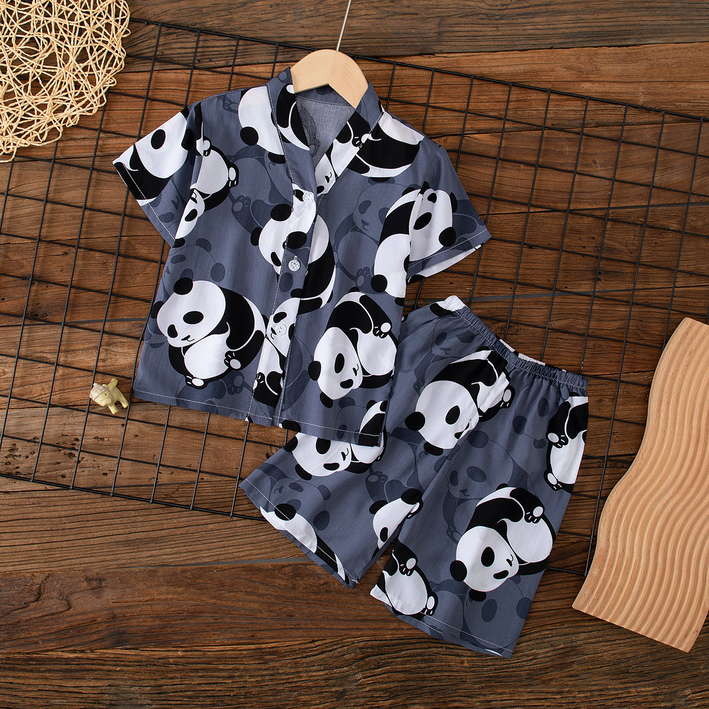 夏季儿童棉绸短袖短裤睡衣男大童女童绵绸熊猫宝宝家居服套装薄款
