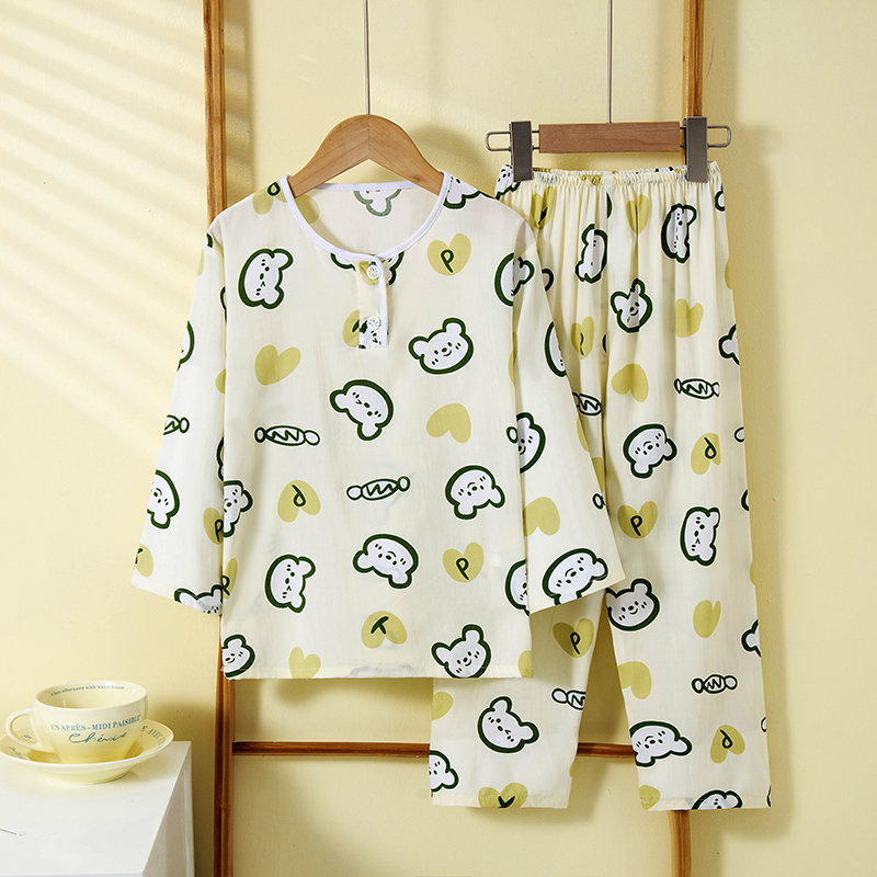 夏季儿童棉绸睡衣套装男童女童绵绸长袖女孩小孩人造棉空调家居服