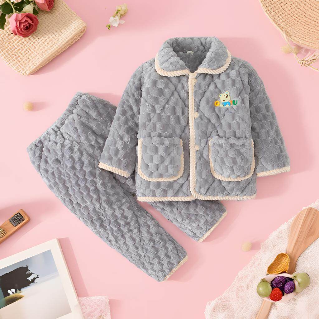 冬季儿童法兰绒睡衣套装男童女童三层夹棉加厚珊瑚加绒家居服外穿