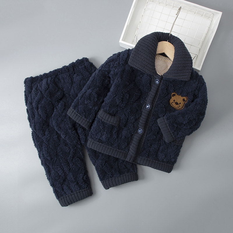 儿童加厚款法兰绒睡衣棉袄三层夹棉珊瑚绒保暖亲子家居服男童女童