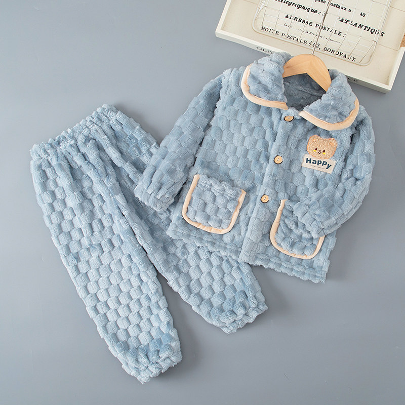 秋冬季儿童睡衣法兰绒男童女童青少年加厚珊瑚绒中大童家居服套装