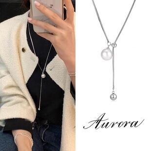 长款珍珠毛衣链女轻奢高级感项链小众设计感抽拉设计颈链春夏饰品