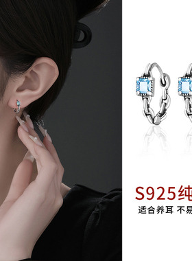 S925纯银方糖耳圈女养耳洞轻奢小众设计感耳环百搭耳钉2024新款潮