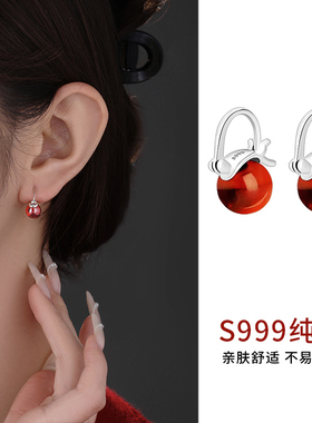 999纯银石榴石耳圈女小众设计高级感新年养耳洞耳钉春夏百搭耳饰